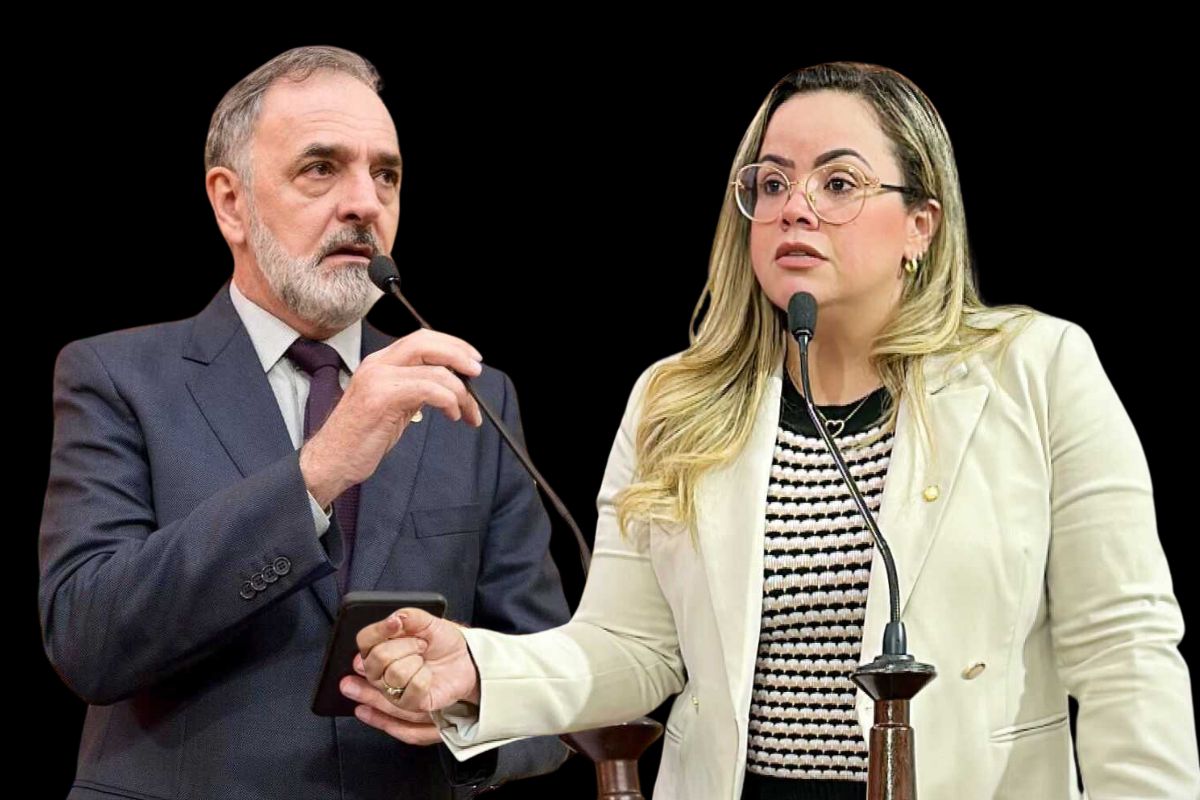 luis che e michelle melo falam ao microfone